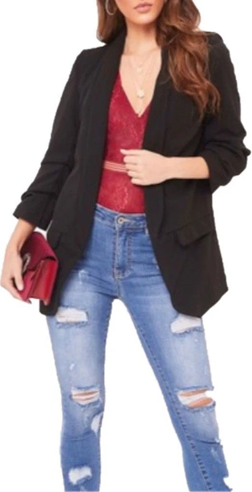 UK Ladies Women Frill Ruffle Blazer 3/4 Sleeve Duster Casual Office Coat Jacket - Image 2 of 4