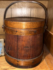 Farmhouse 19TH C Wooden Finger Banded FIRKIN w/handle & pegs 9.5"T x 10"W  Wow — photo 2