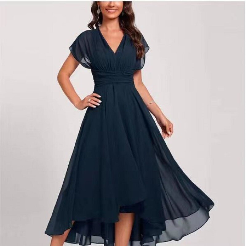 Womens Chiffon V-Neck Short Sleeve Maxi Dress Evening Dress Party ...