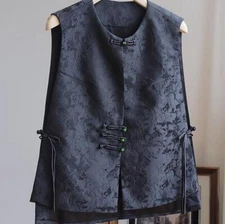 Black Chinese Style Cotton Vest Women buckle Casual Sleeveless Jacket Waistcoat