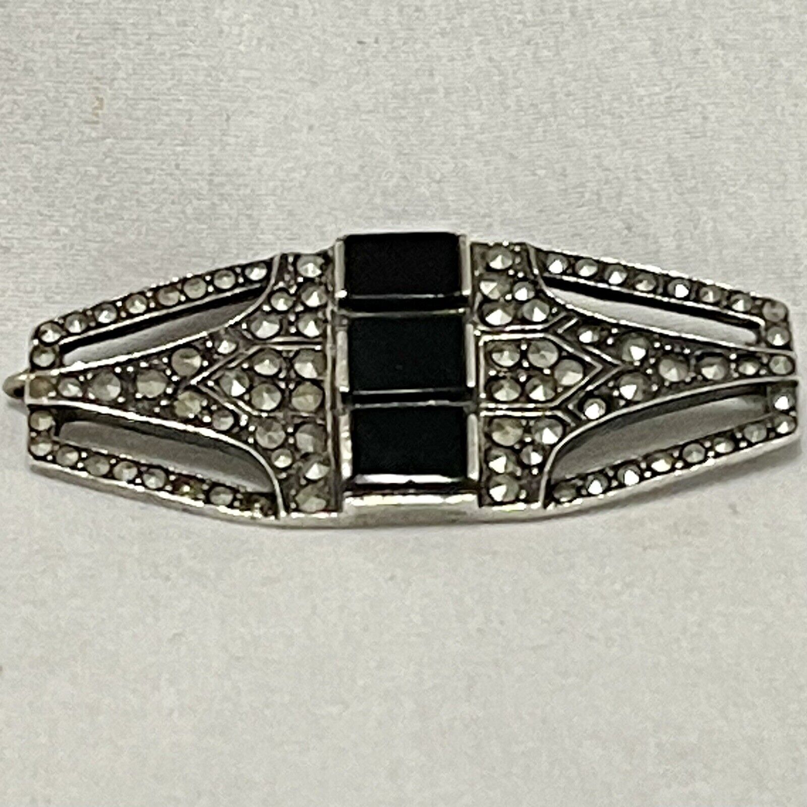Onyx Marcasite Brooch Bar Pin Sterling Silver Oct… - image 12