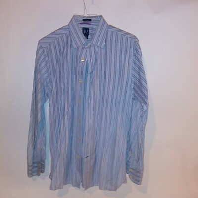 GAP Mens Button Up Shirt Medium 15-15.5 Blue Stripe Fitted Long Sleeve