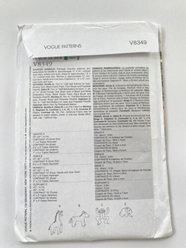 Stuffed Animals Sewing Pattern, Vogue Craft V8349 by Linda Carr, Uncut - Picture 2 of 2