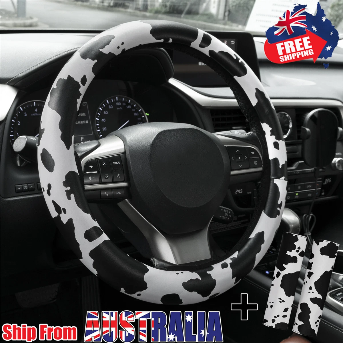 38cm 15 Cow Print Car Steering Wheel Cover Leather Non Slip w