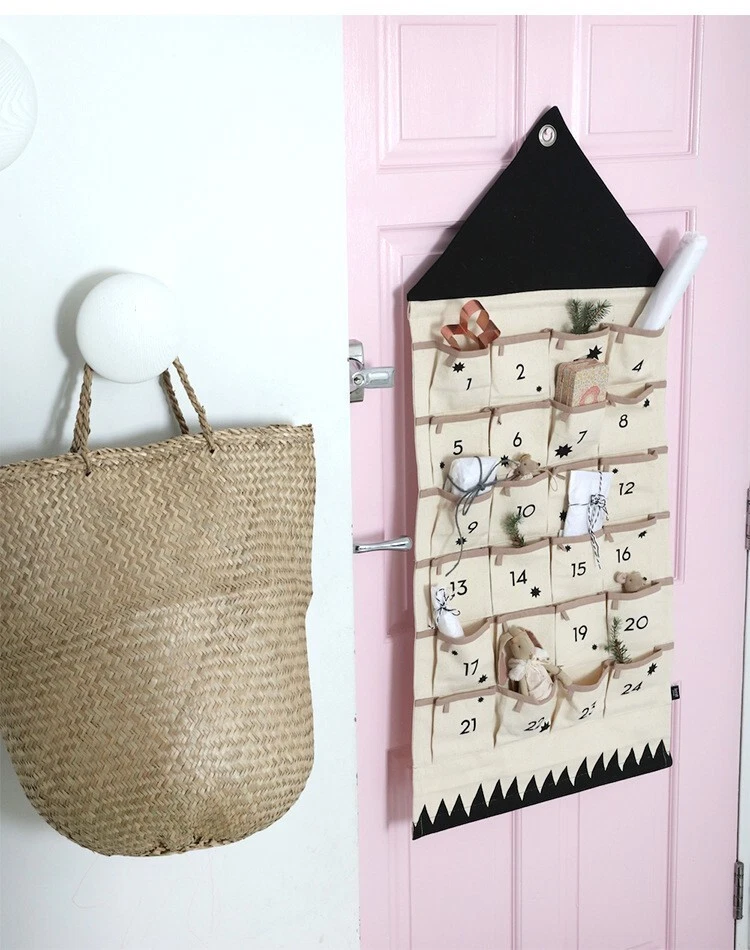 24 Pockets Hanging Bag Canvas Wall Hanging Storage Bag Digital Calendar - Image 3 of 4