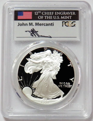 1995 P AMERICAN SILVER EAGLE MERCANTI SIGNED $1 PROOF 1 oz COIN PCGS PF 70 DCAM