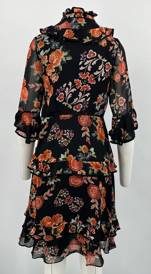 Vestido Mikael Aghal Estampado Floral Volantes En Niveles Botón Delantero Talla 2 Foto 3 de 4