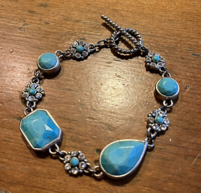 Barse Sterling Silver 925 Turquoise Flower CZ Bracelet NEW