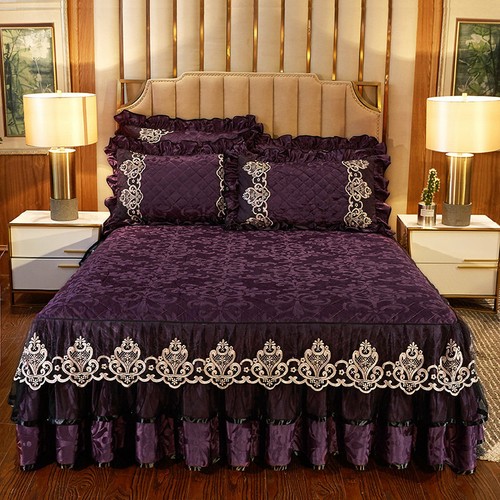 Lace Velvet Bedspread Set Queen King Bed Skirt Qulited Fitted Sheet Pillow Cases - Picture 20 of 65