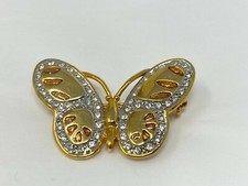 Vintage Goldtone Orange Enamel  Clear Rhinestone BUTTERFLY Brooch Pin