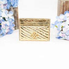 Tory Burch Metallic Gold Leather Kira Quilted Logo Card Case Mini Wallet NWT