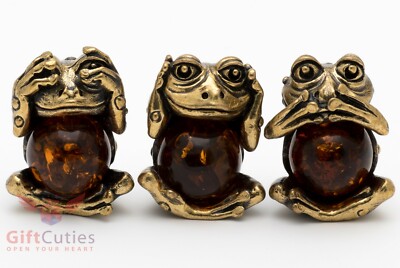 Solid Brass Amber Figurine 3 Three wise frogs see hear speak no evil IronWork