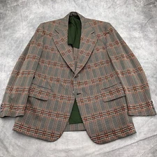Richman Brothers Blazer Men 44 Orange Black Gray Plaid Sportsman Knits 70s VTG