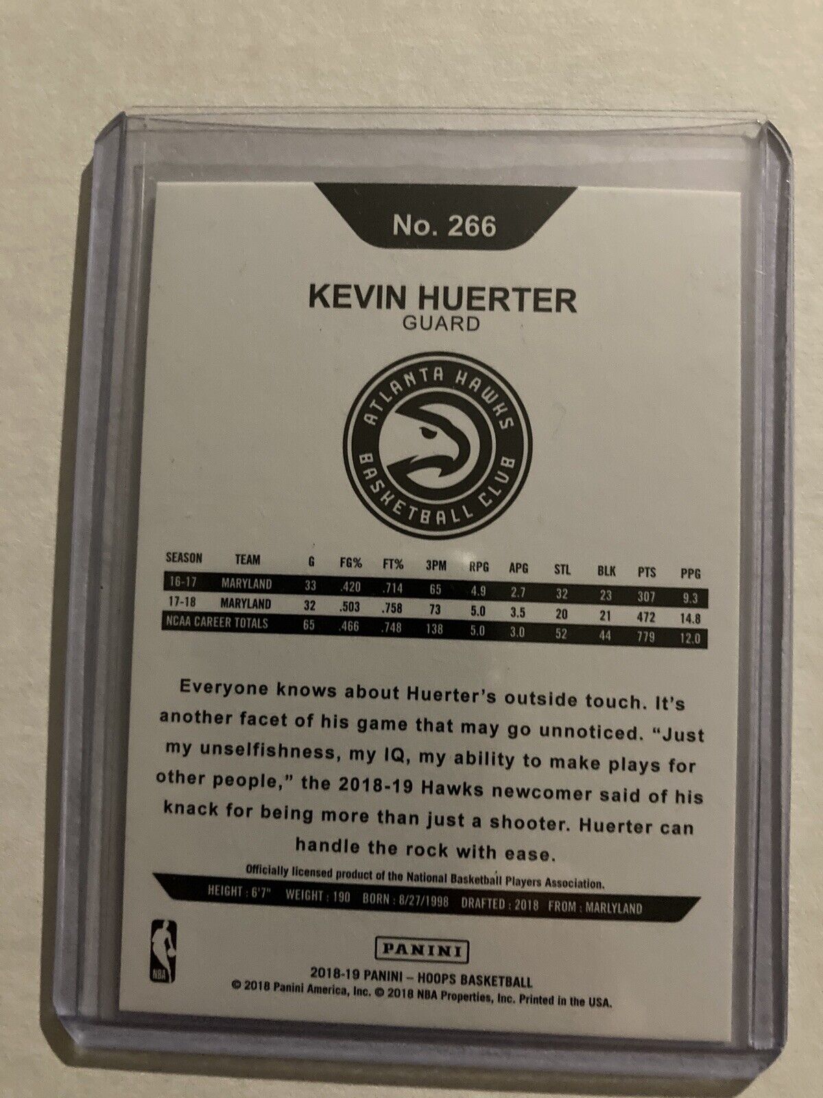 Kevin Huerter RC 2018-19 NBA Hoops Rookie Card #266 Atlanta Hawks NBA  Basketball