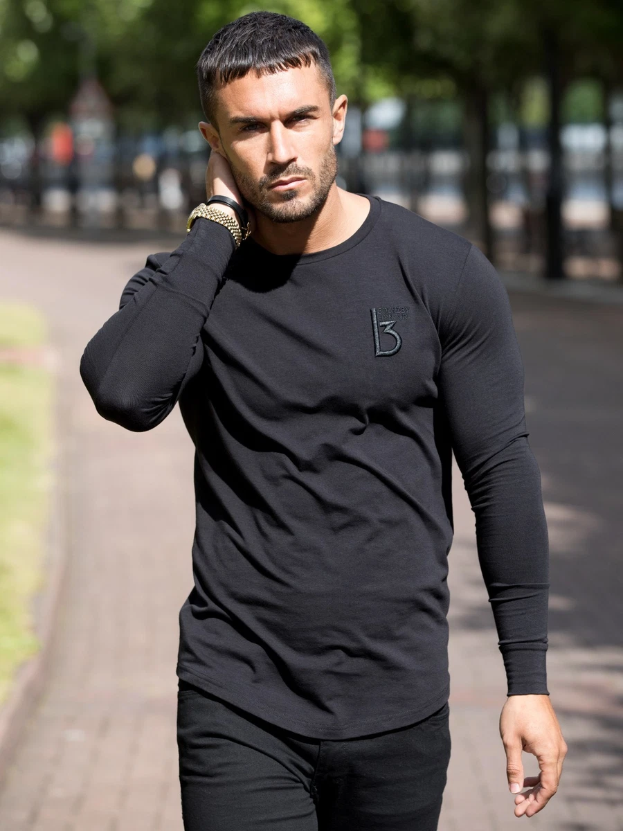 Mens Slim Muscle Fit Long Sleeve T Shirt Gym Designer Plain Curved Hem Tee  Top