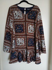 Lulus Wms Long Sleeve Patchwork Boho Midi Dress Sz Medium Lined Ruffle Bottom 