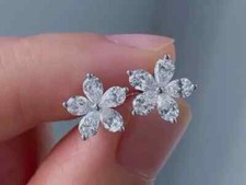 Women's Flower Stud Earrings 2Ct Pear Cut Lab Created Diamond 14k White Gold Fn.