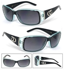 Womens CG Rhinestones Eyewear Fashion Sunglasses UV Protect Black & Crystal Blue