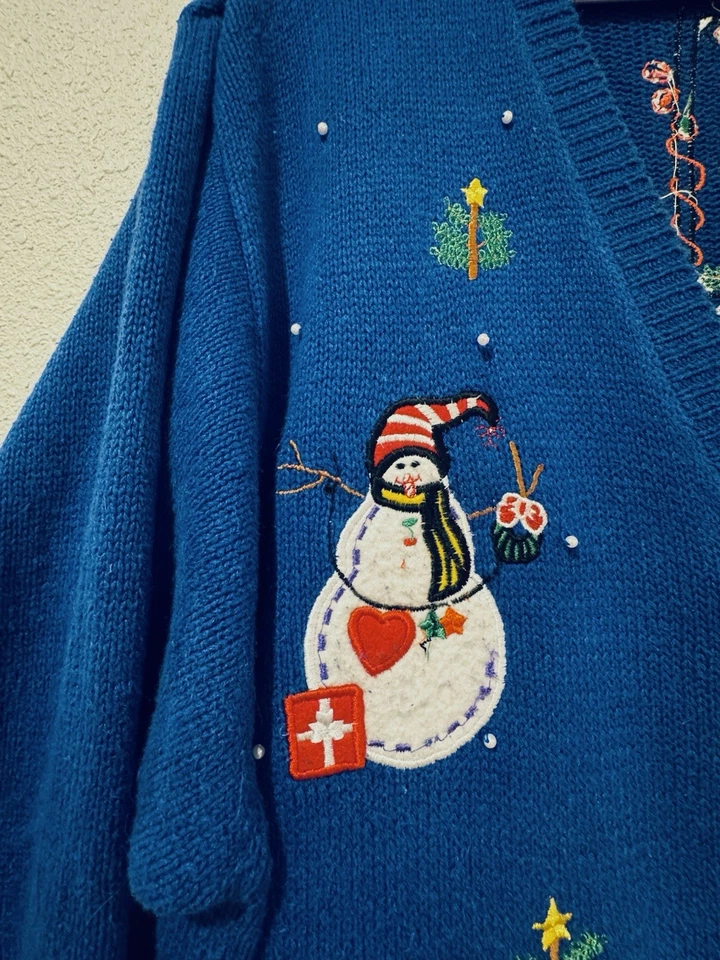 Quacker Factory Vintage Blue Christmas Cardigan Snowman Design Sweater 2X - Image 4 of 4