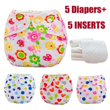 Adjustable Reusable Baby Washable Cloth Diaper Nappies 5 Diapers+ 5 INSERTS set
