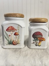 White Glossy Kitchen Canisters With A Mushroo...