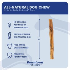 Downtown Pet Supply Bully Sticks for Dogs, Junior Size 6, 40-Pack Rawhide