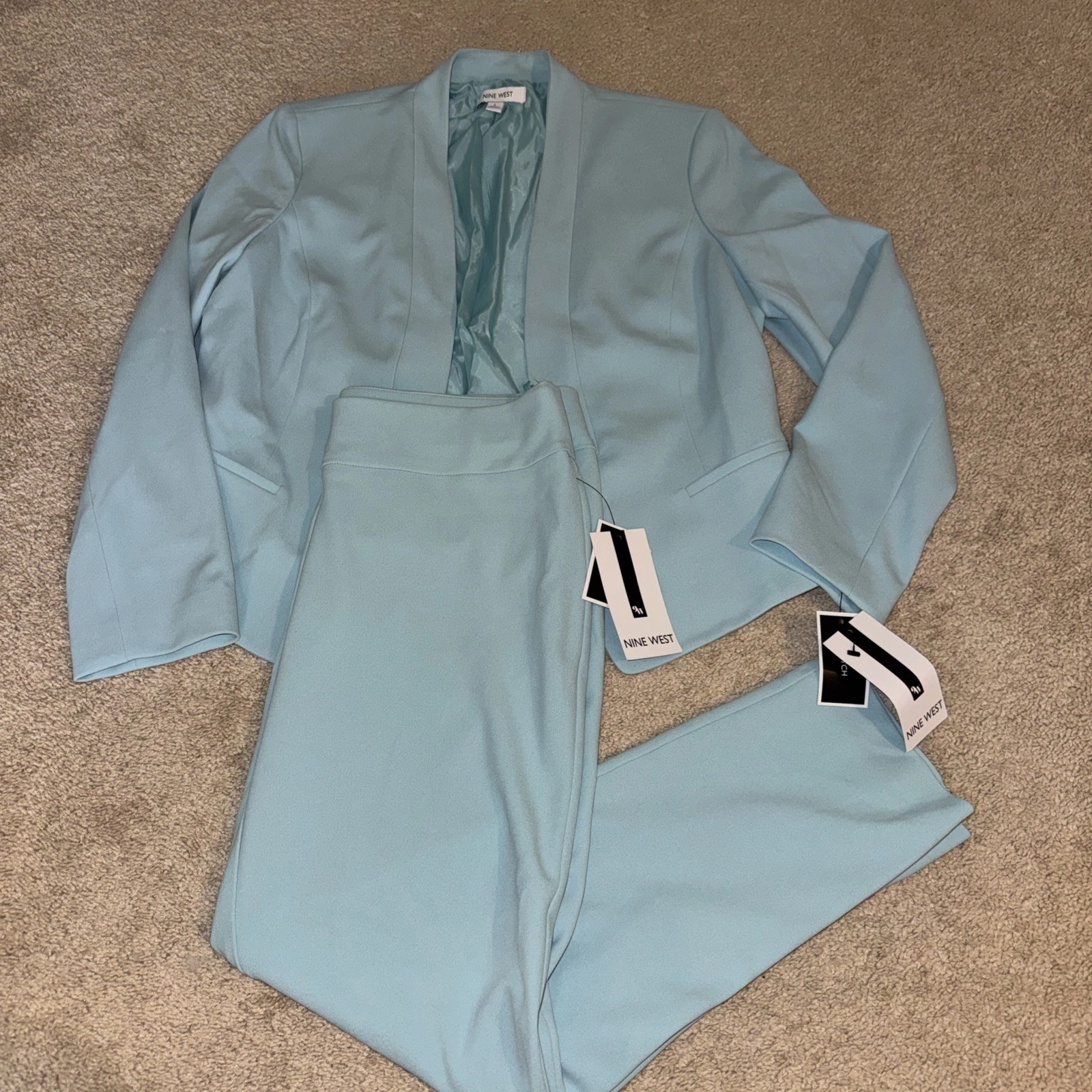New NINE WEST Women's Light Blue Collarless Blazer Jacket & Matching Pants SZ L*