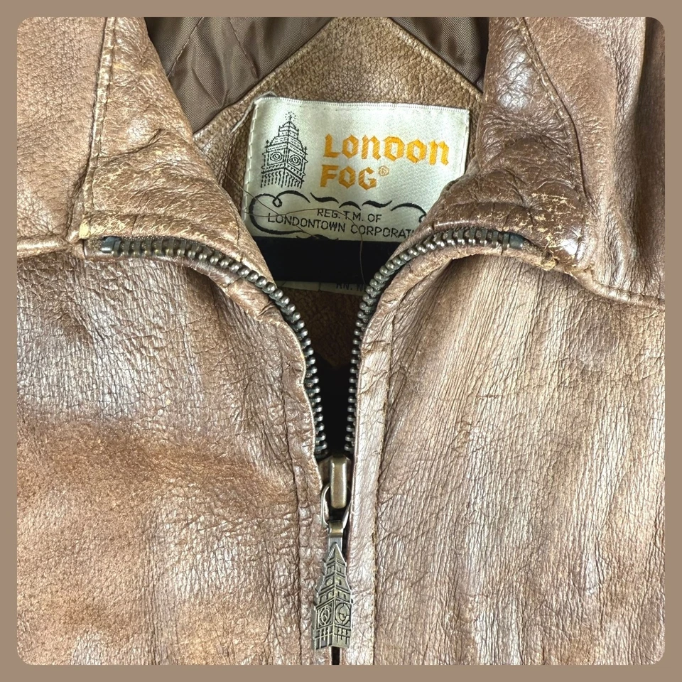 Chaqueta de aviador bombardero de cuero marrón niebla London Big Ben cremallera L aviador Foto 4 de 4