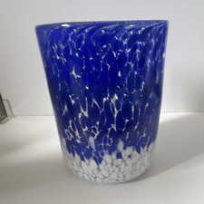 Unmarked Art Glass Spatter Bowl, Round Blue & White Speckled Glass Vessel