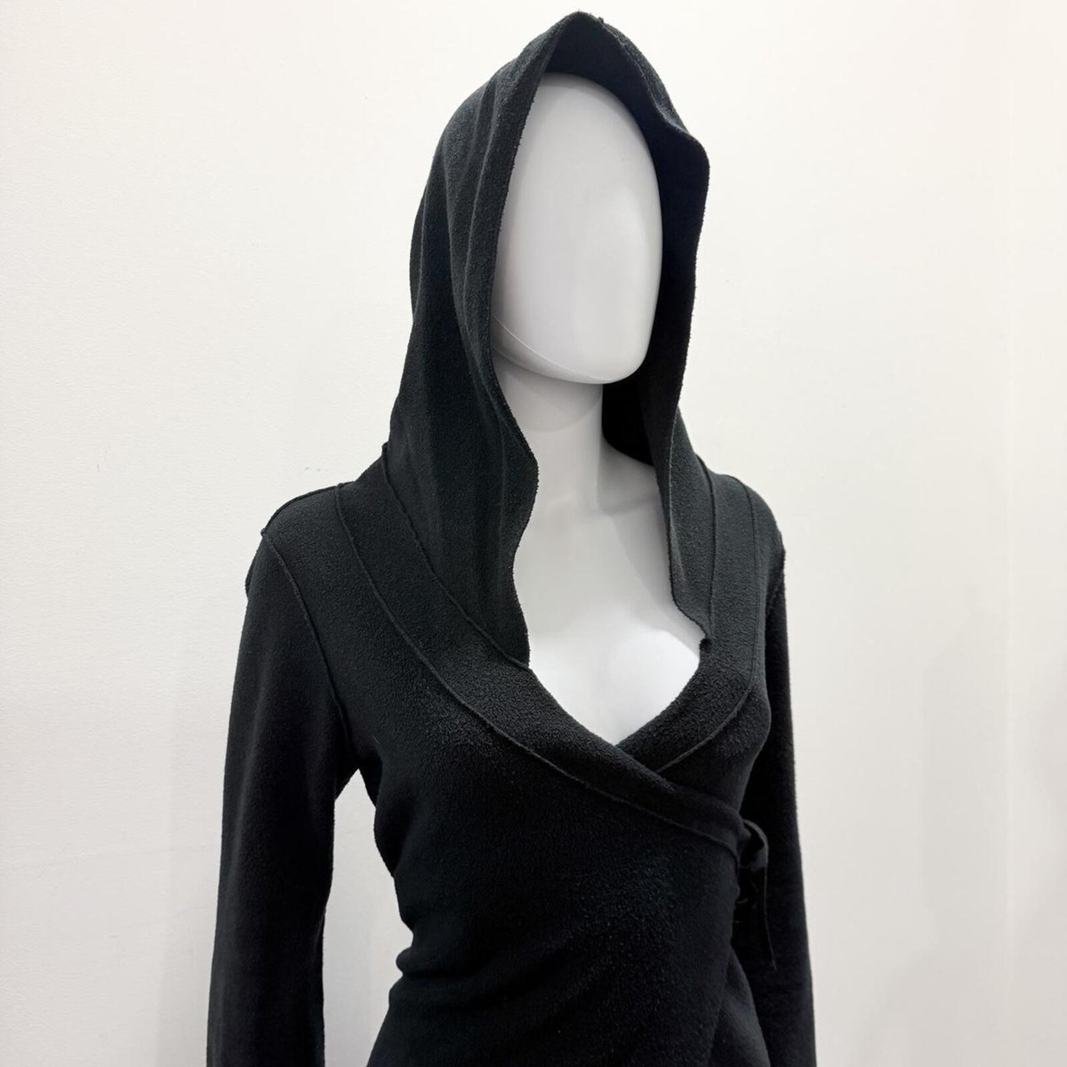 2000s Cop Copine black hooded long sleeve sweater wrap top - S/M
