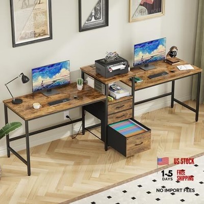  93'' Two Person Desk with Charging Station, Long Desk with 3 Drawers and 