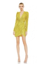 IEENA For Mac Duggal Yellow Gold Sequin Mini Dress Long Sleeve Size 2 Plunge