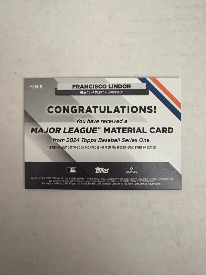 2024 Topps Series 1 - Major League Material Francisco Lindor #MLM-FL (MEM) - Image 2 of 2