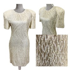 Vintage 80's Cream Silk Short Sleeve Midi Sequine Glam Dress M Laurence Kazar