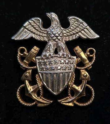 Sterling Silver Gold USN NAVY Eagle Shield Anchors Hat Badge