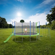 12FT Trampoline with Slide, Swings  Basketball Hoop, ASTM Approved