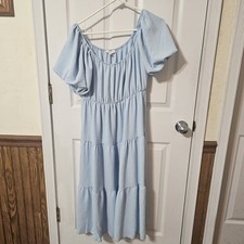 See You Monday Women's Size Large Blue Maxi Dress Short Sleeve Peasant