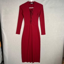 Reformation Womens Size XS Dark Red Long Sleeve Ribbed Midi Dress Lace-Up Front