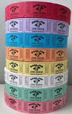ITC Good for One Drink Single Stub Tickets Roll 2000 Choose From 8 Colors Carnival