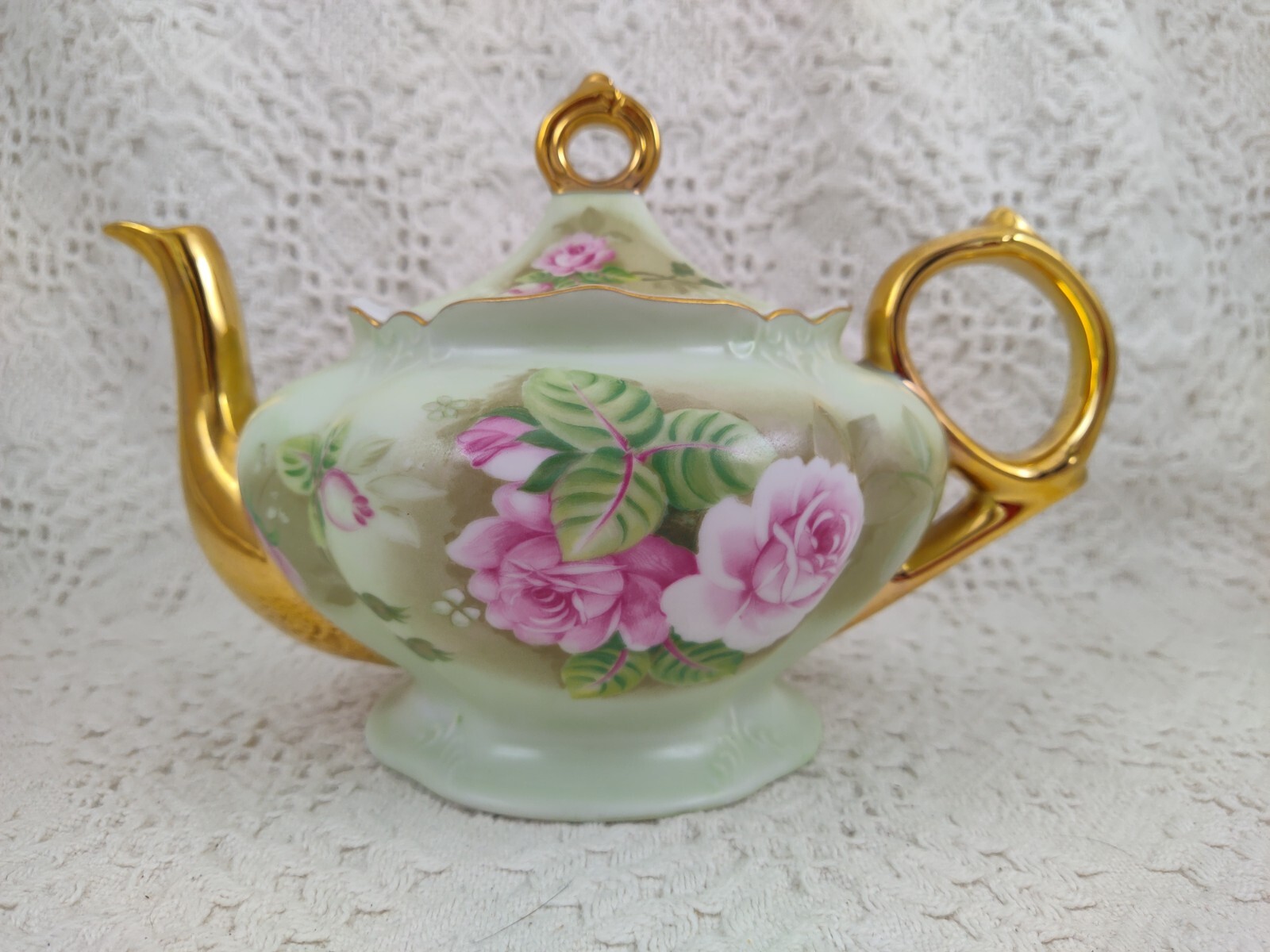 LEFTON CHINA Heritage Green Pink Roses TEAPOT 05857 HAND PAINTED Gold