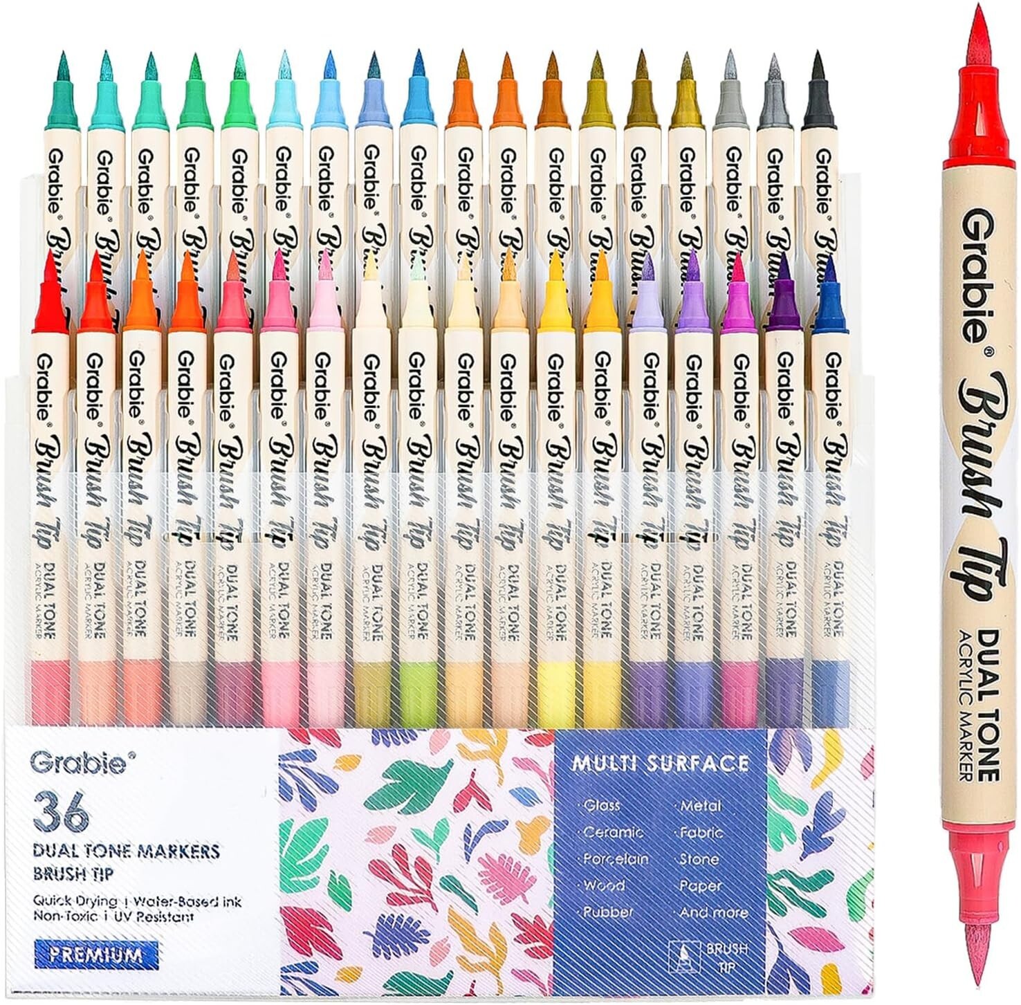 72-Color Dual-Tip Acrylic Paint Markers Set with 36 Brush Tips by Grabie