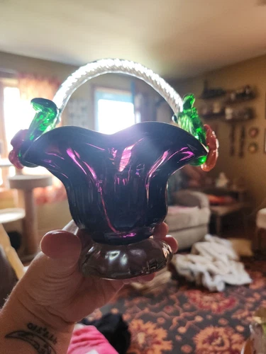 Vintage Murano Style Amethyst Art Glass Basket w/Applied Handle & Plumeria