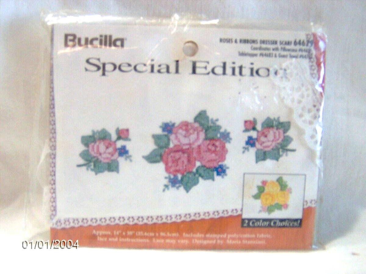 BUCILLA STAMPED CROSS STITCH FABRIC ROSES & RIBBONS DRESSER SCARF