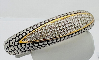1990s 2 Tone  Designer Look 100 Crystal Hinged Bangle Bracelet 6 1/2 -7 