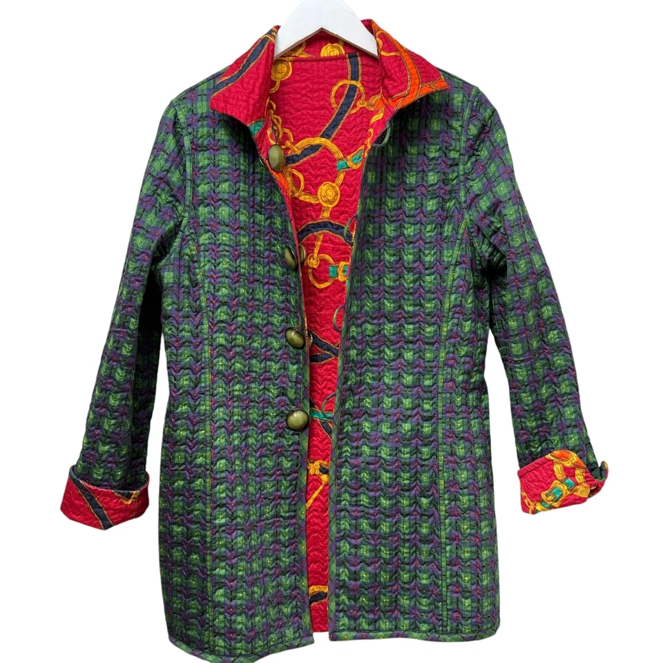 Chaqueta acolchada reversible mediana roja eslabones azul verde a cuadros preppy artística para mujer Foto 3 de 4