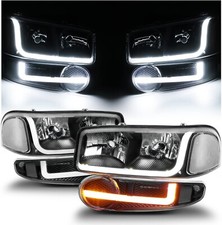 For 2002-2006 Gmc Sierra Yukon Switchback Led Tube Drl Black Headlights For 2002-2006 Gmc Sierra Yukon Switchback Led Tube Drl Black Headlights