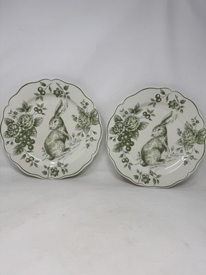 Maxcera Green Bunny Rabbit Toile Dinner Plates Set Of 2 french country Easter
