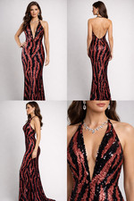 Red  Black Sequin Halter Gown Open Back Evening Dress Small