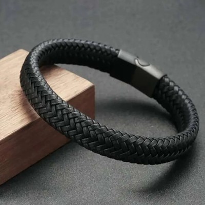 Black Faux Leather Magnetic Bracelet Men Polished Modern Durable Jewelry