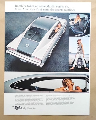 1965 Rambler Marlin Sports Fastback Auto Vintage Print Ad Approx 10''x14'' D2
